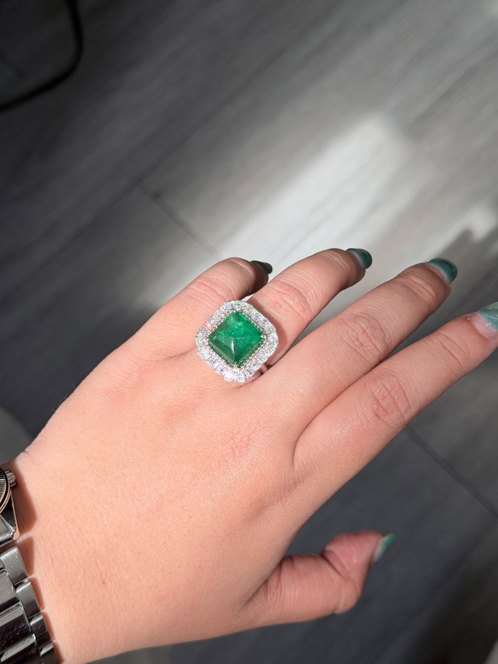 9.05 Carat Emerald Sugarloaf Cut 14K White Gold Ring