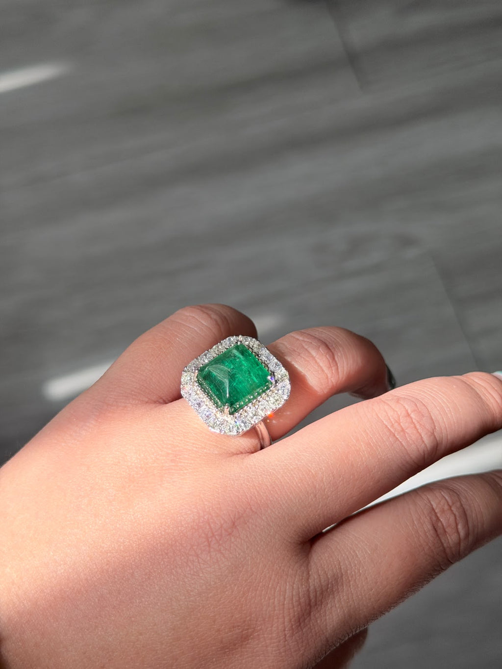 9.05 Carat Emerald Sugarloaf Cut 14K White Gold Ring