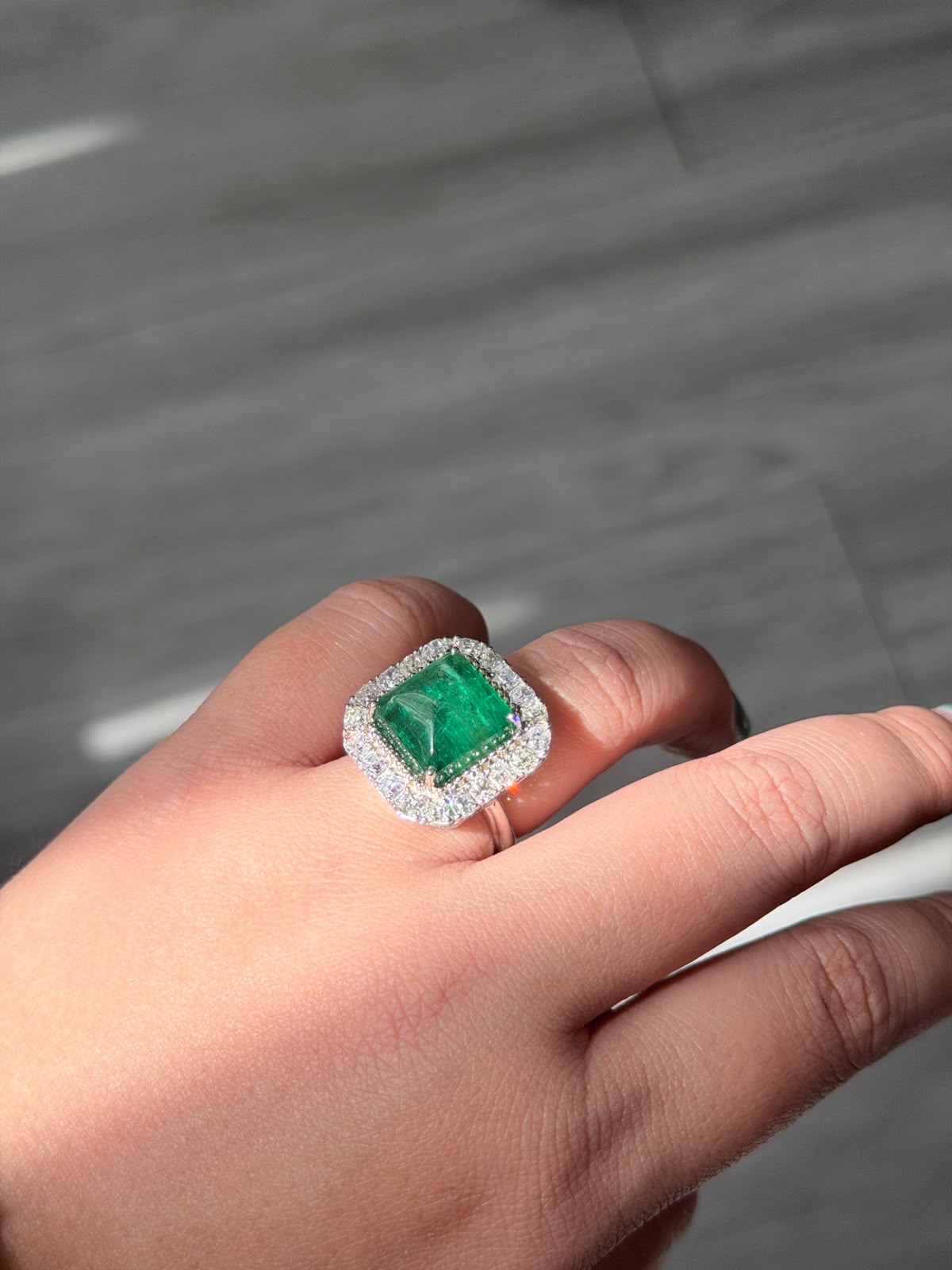 9.05 Carat Emerald Sugarloaf Cut 14K White Gold Ring