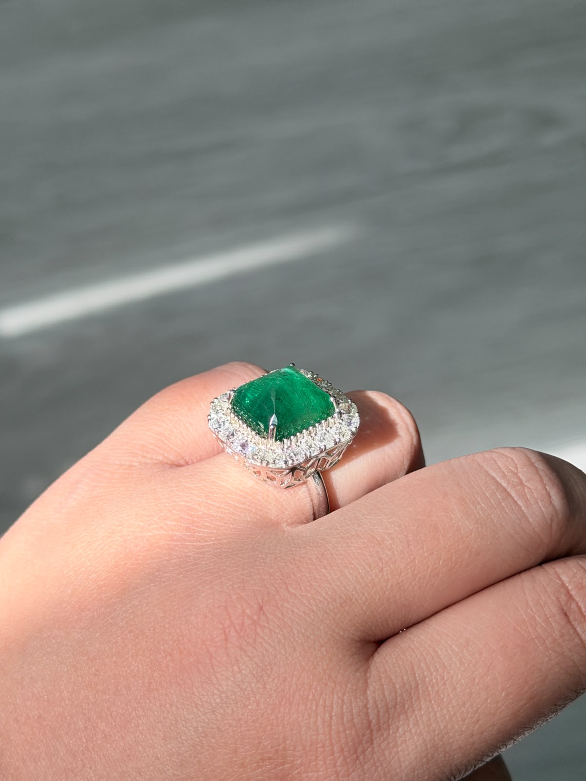 9.05 Carat Emerald Sugarloaf Cut 14K White Gold Ring