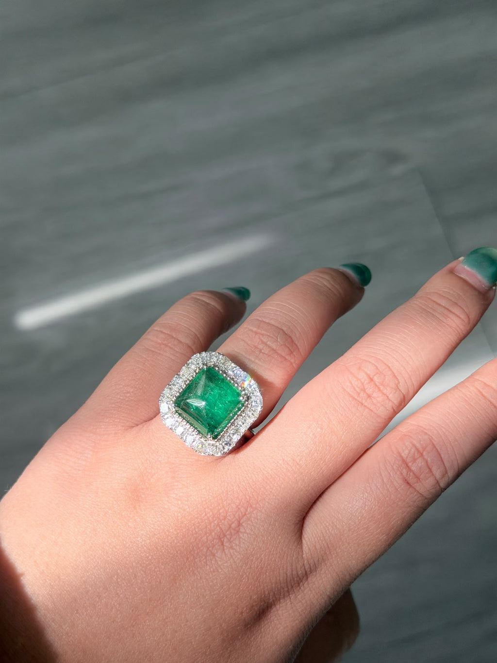 9.05 Carat Emerald Sugarloaf Cut 14K White Gold Ring