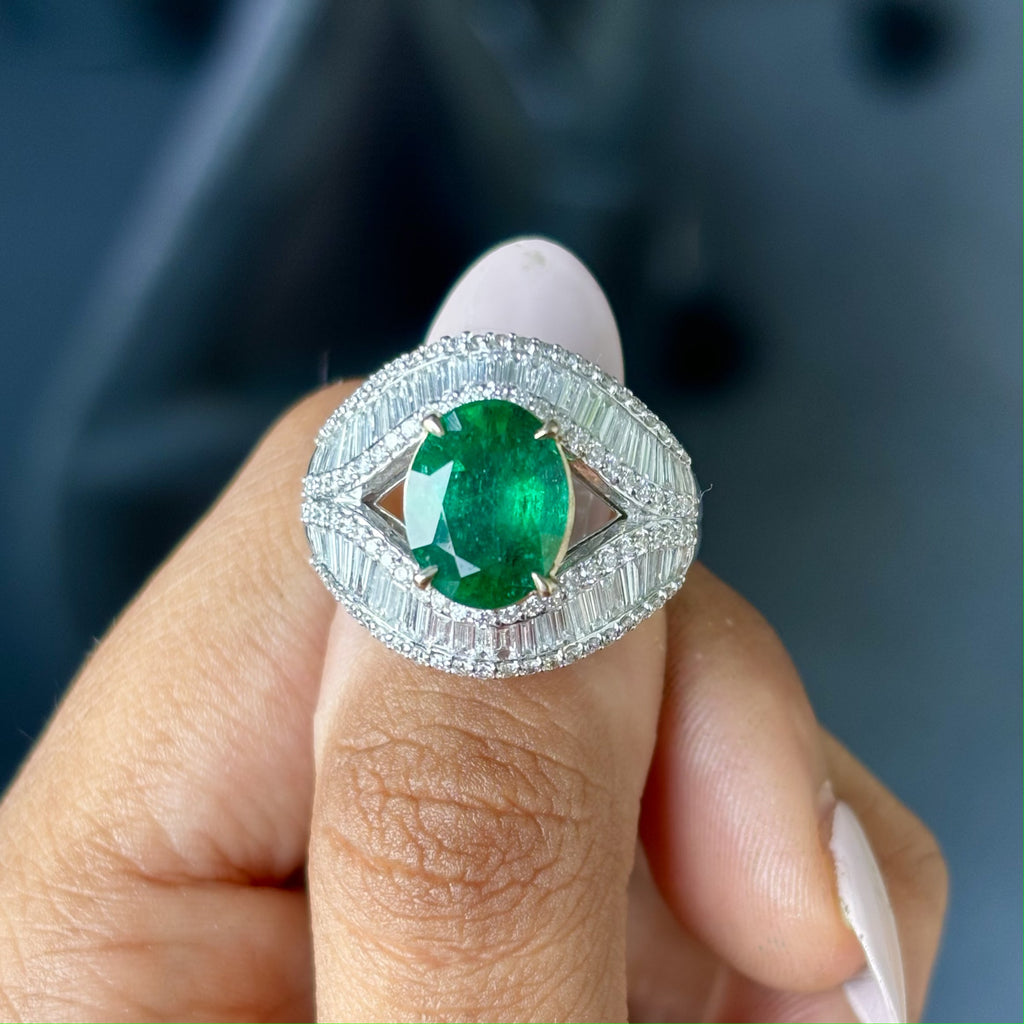 2.56 Carat Zambian Emerald & Baguette Diamonds studded 18K White Gold Ring