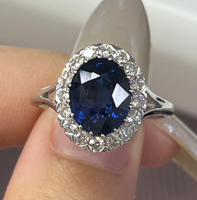 3.82 Carat Oval Blue Sapphire 14K White Gold Ring