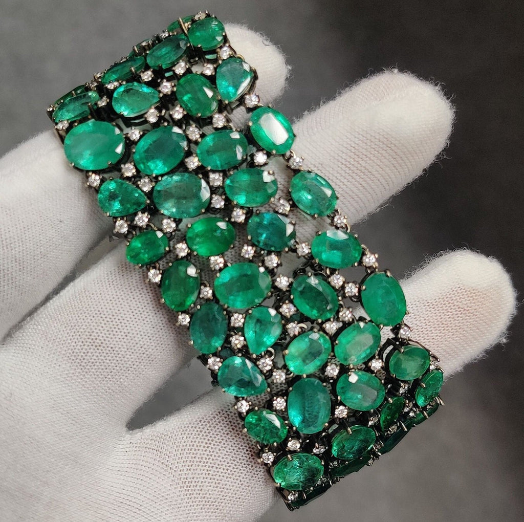 115.21 Carat Zambian Emerald Studded with Diamonds Bracelet in 18K White Gold