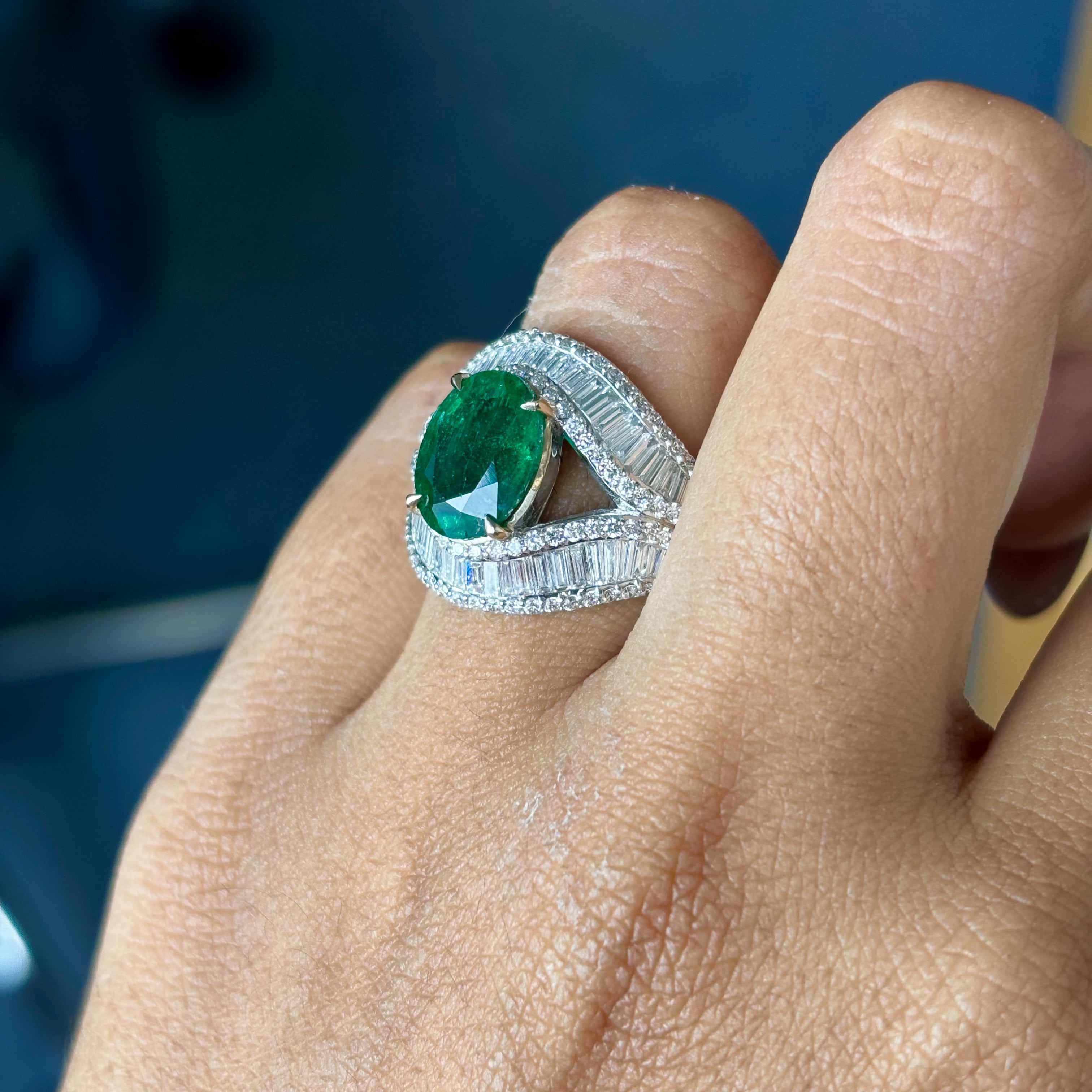 2.56 Carat Zambian Emerald & Baguette Diamonds studded 18K White Gold Ring