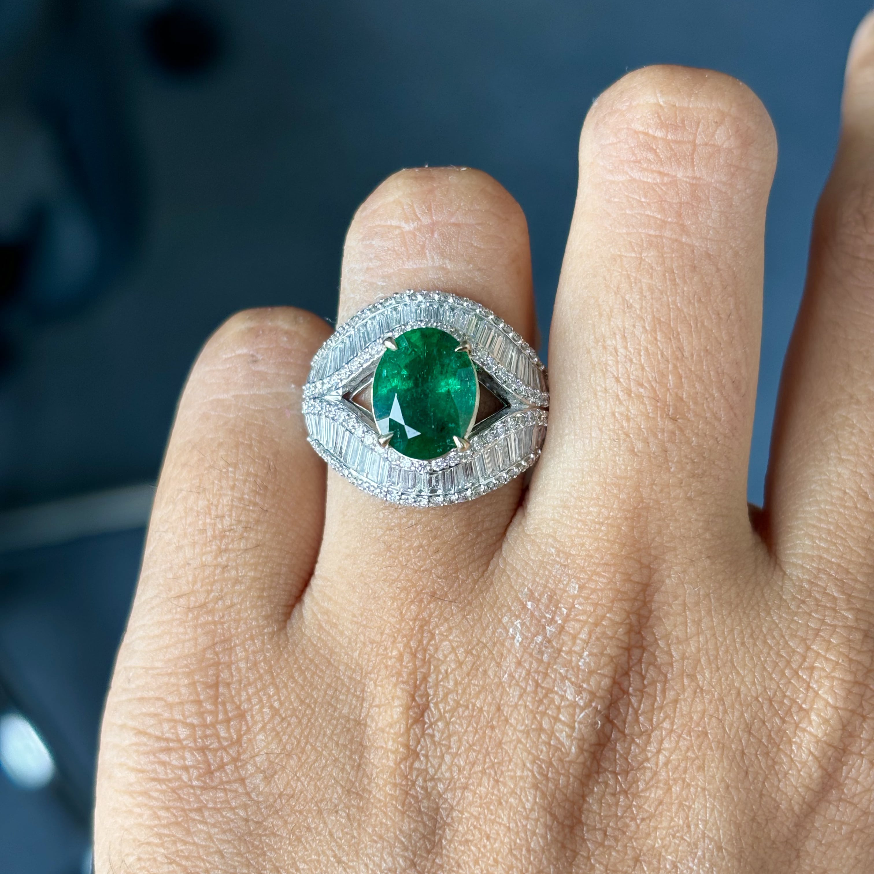 2.56 Carat Zambian Emerald & Baguette Diamonds studded 18K White Gold Ring
