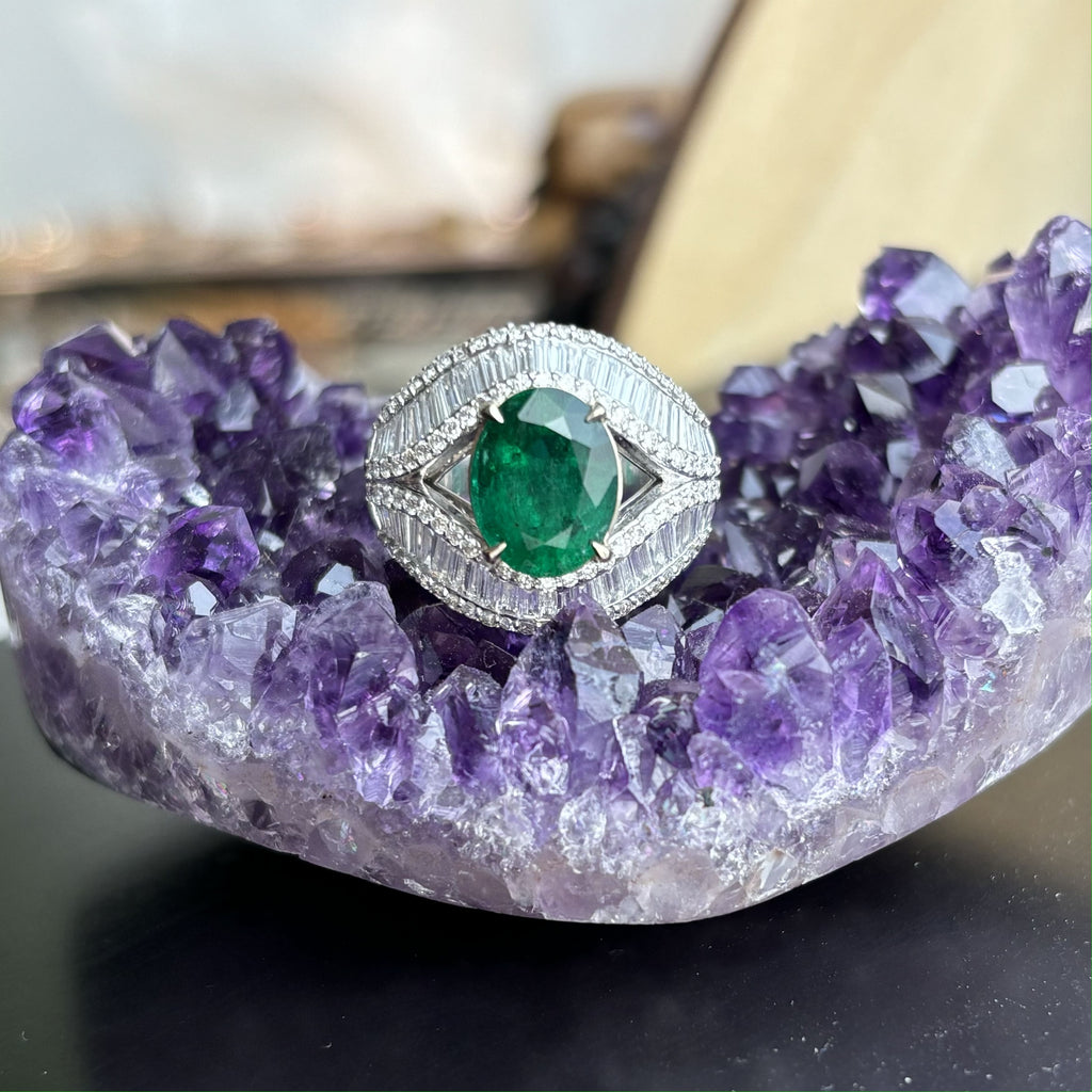 2.56 Carat Zambian Emerald & Baguette Diamonds studded 18K White Gold Ring