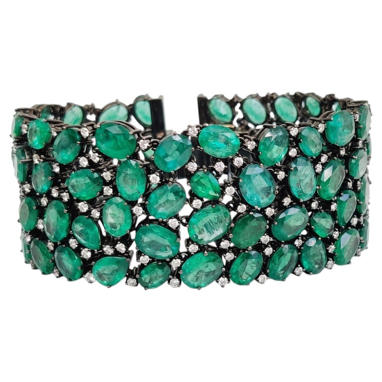 115.21 Carat Zambian Emerald Studded with Diamonds Bracelet in 18K White Gold