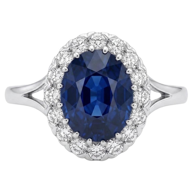 3.82 Carat Oval Blue Sapphire 14K White Gold Ring