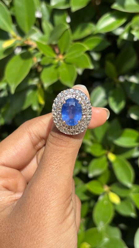 6.70 Carat Royal Blue SAPPHIRE & Rose-cut Diamonds Statement Ring in 14K White Gold