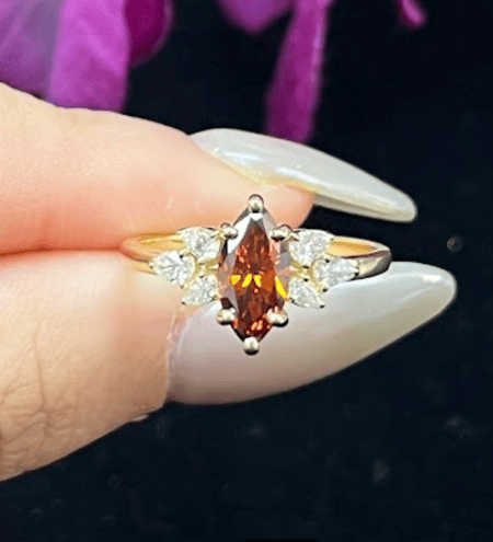 1 carat brown Color Marquise shape Lab Diamond 14K Yellow Gold ring