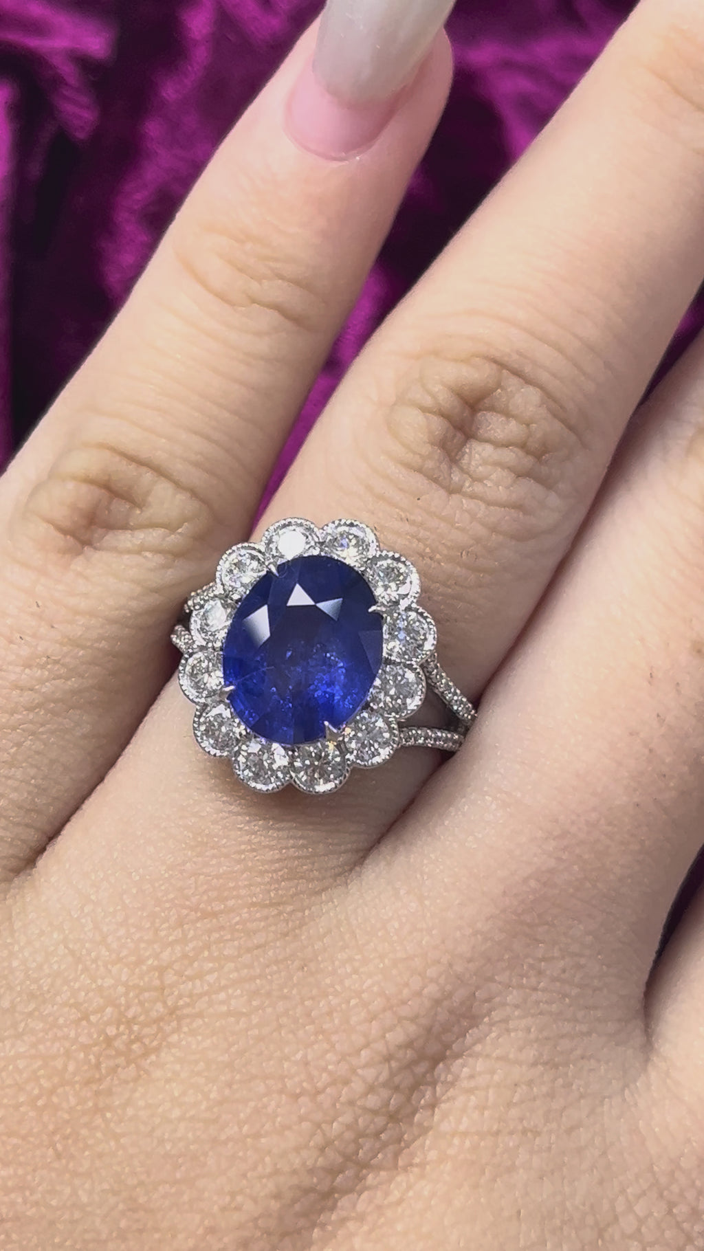 4.32 Carat Ceylon Royal Blue Sapphire Ring with Round Halo Diamonds in 18K White Gold