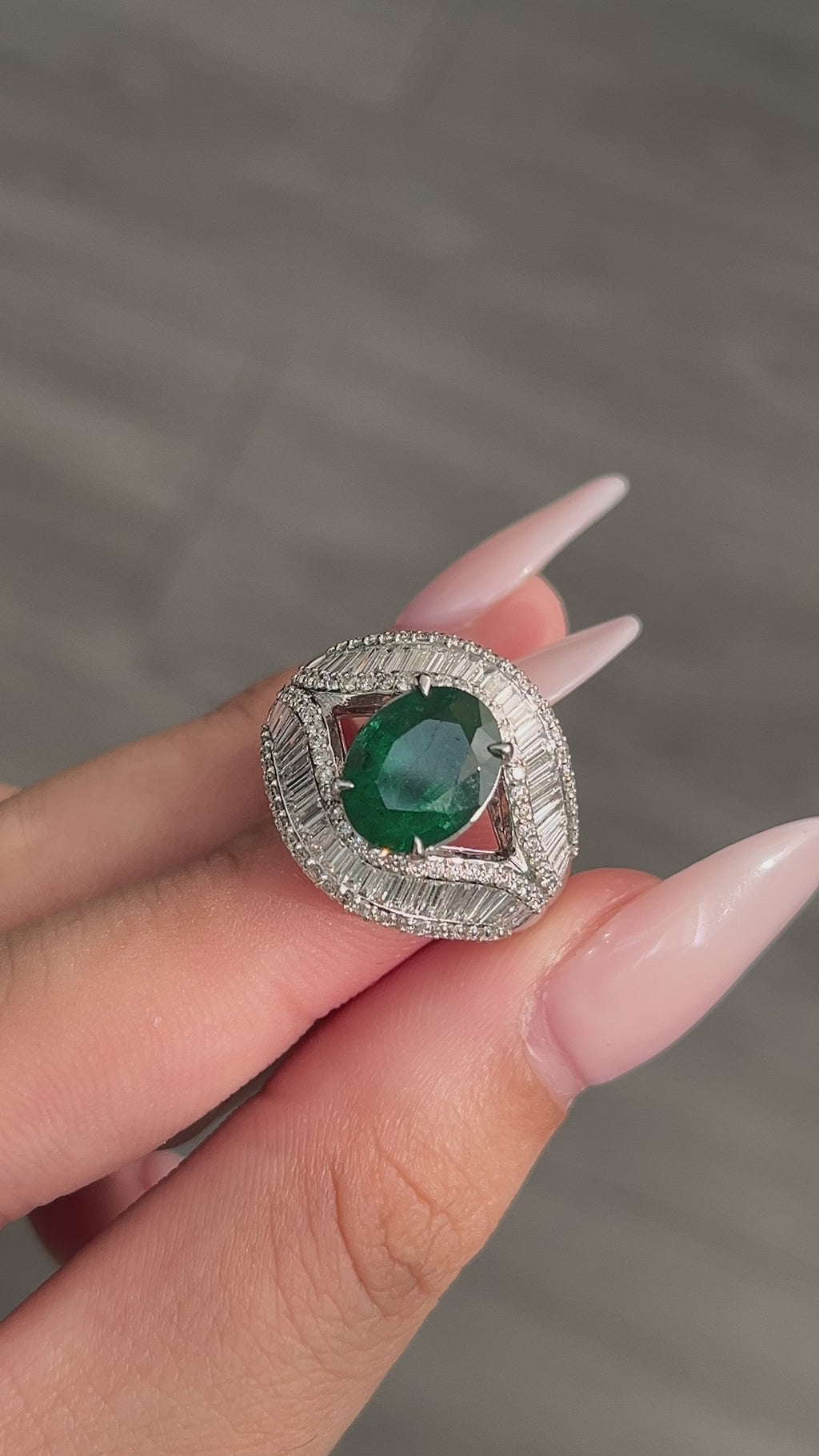 2.56 Carat Zambian Emerald & Baguette Diamonds studded 18K White Gold Ring