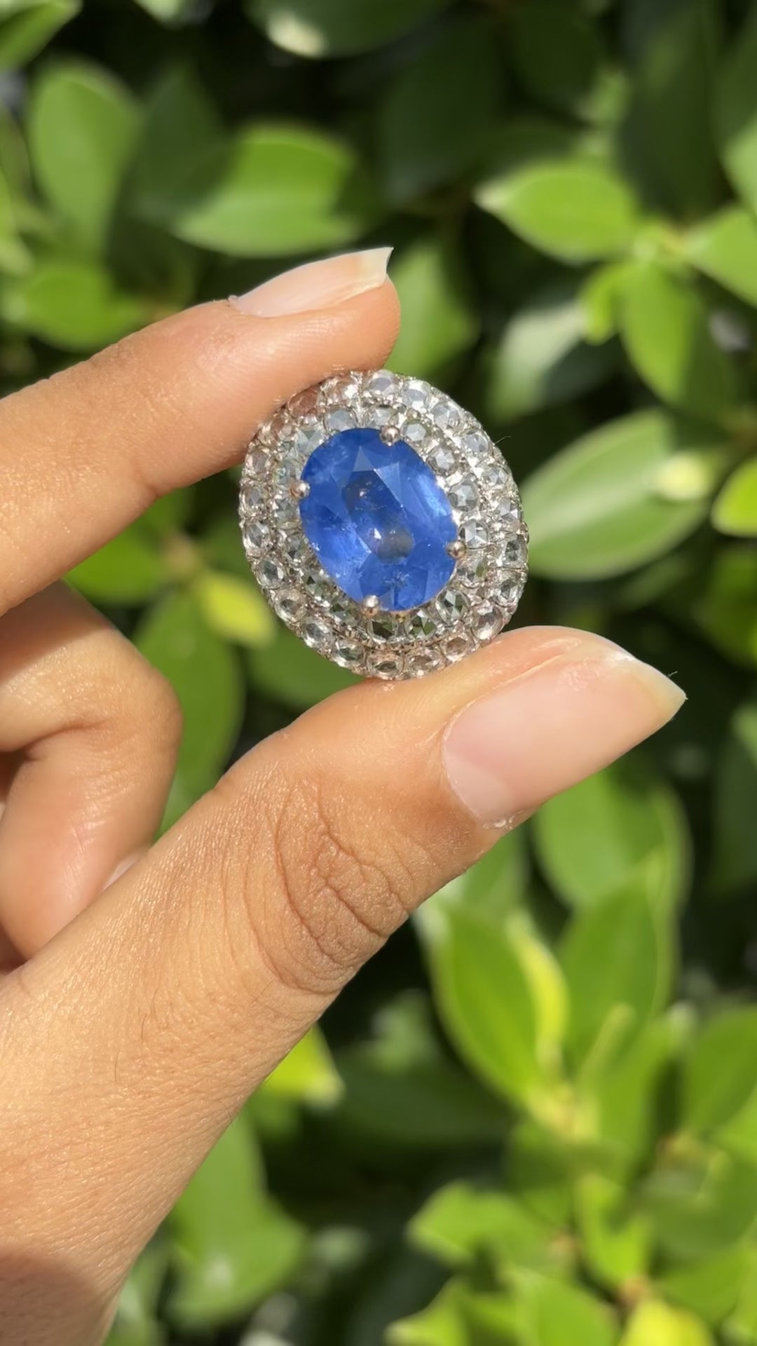 6.70 Carat Royal Blue SAPPHIRE & Rose-cut Diamonds Statement Ring in 14K White Gold