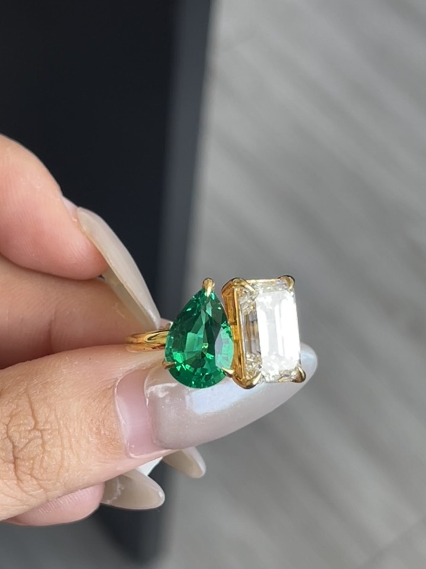 2.62 Carat Green Pear Shape + 5.07 Carat Emerald Cut Lab Diamond Ring in 18K Yellow Gold