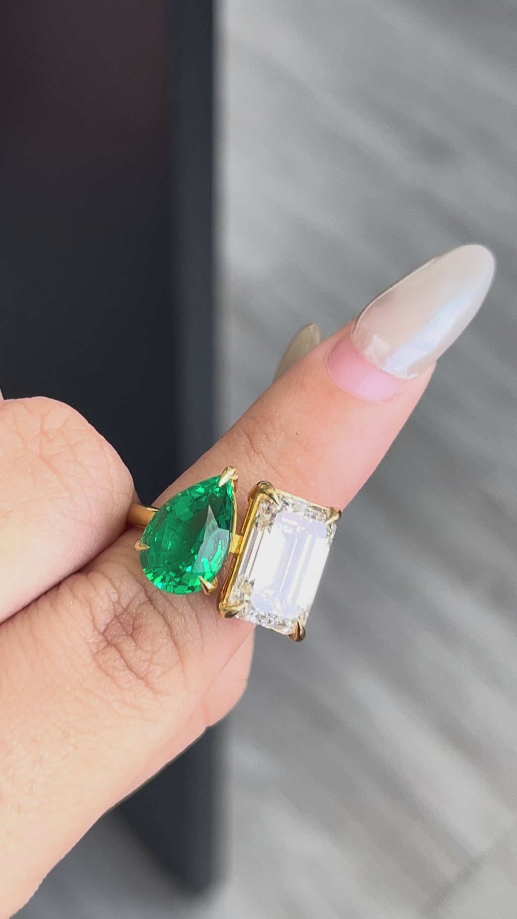 2.62 Carat Green Pear Shape + 5.07 Carat Emerald Cut Lab Diamond Ring in 18K Yellow Gold