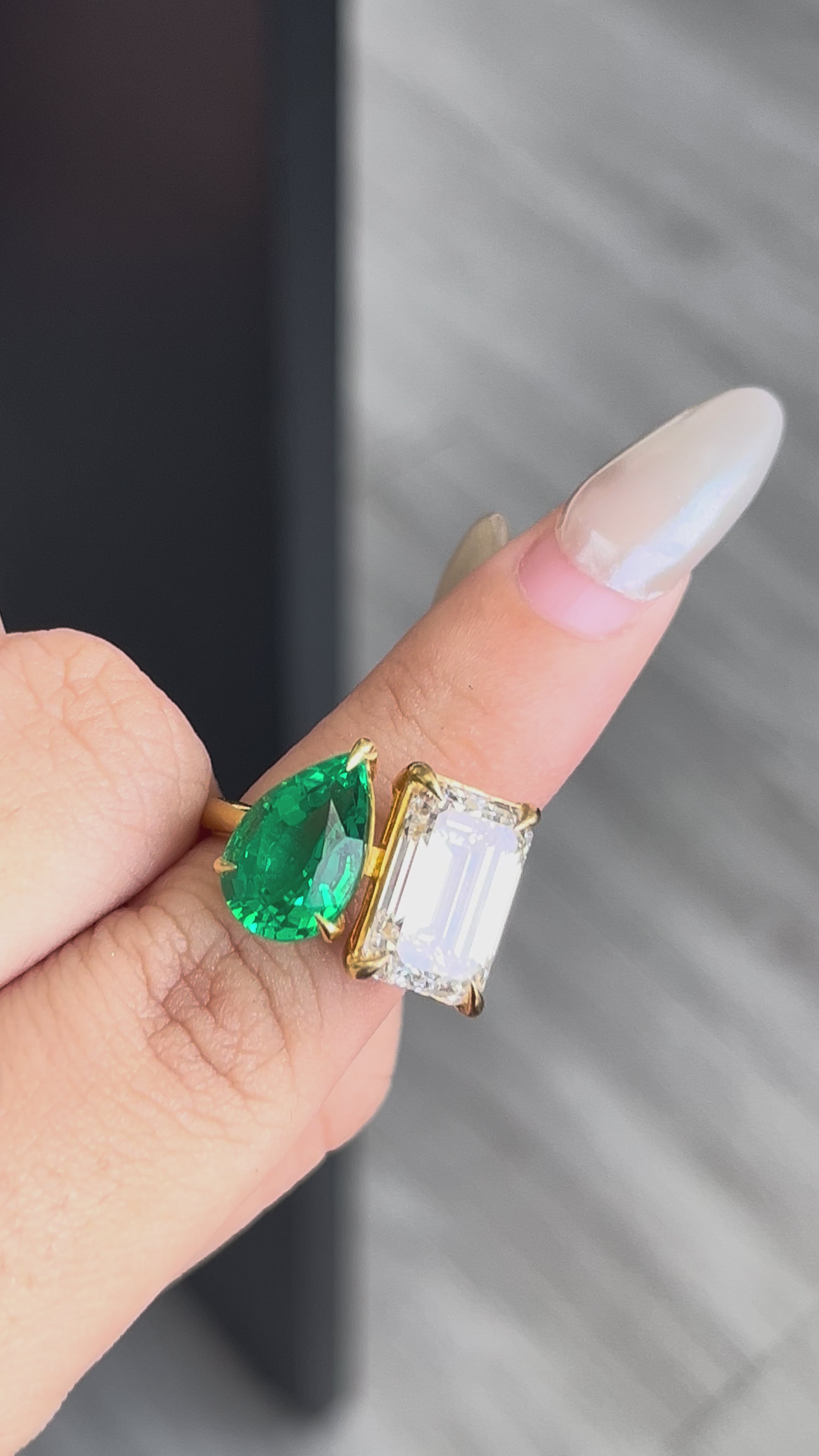 2.62 Carat Green Pear Shape + 5.07 Carat Emerald Cut Lab Diamond Ring in 18K Yellow Gold