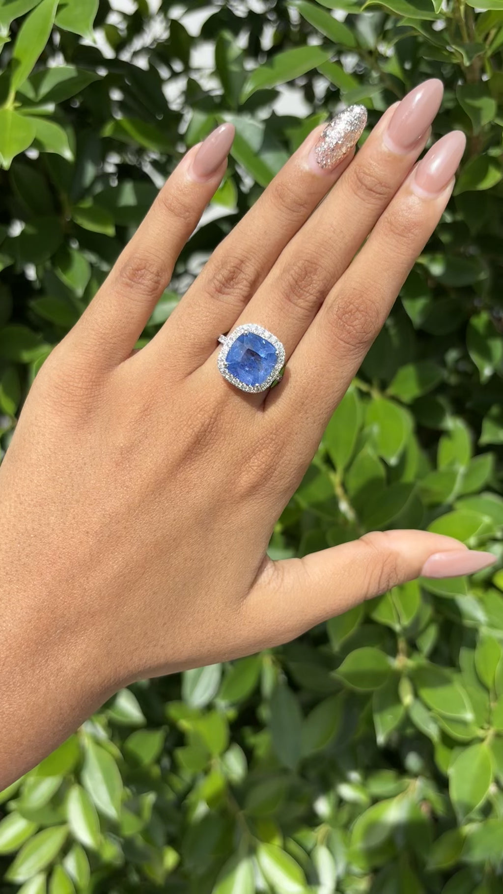 8.22 Carat cushion Sapphire & Halo Diamonds Ring in 18K White Gold