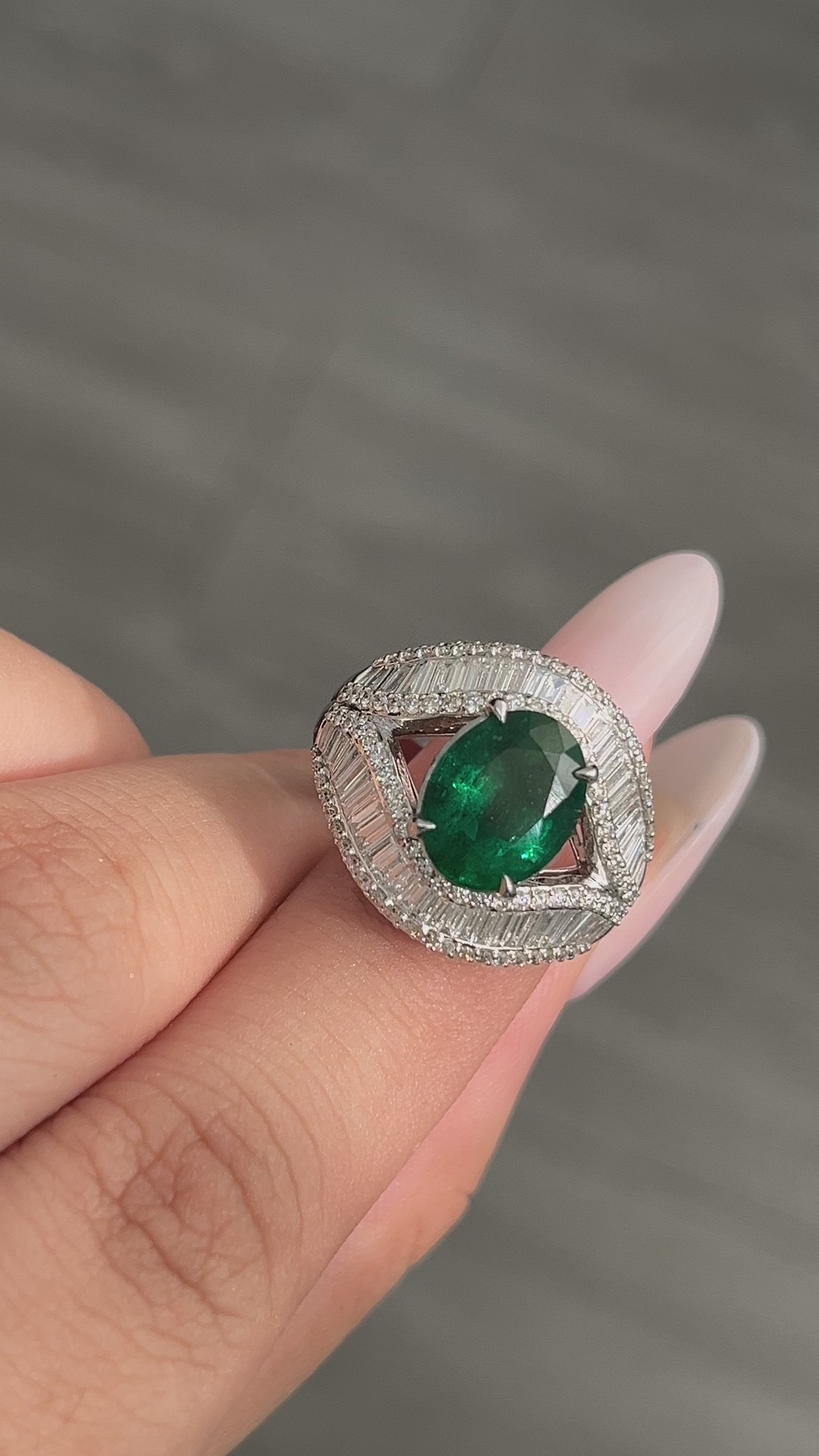 2.56 Carat Zambian Emerald & Baguette Diamonds studded 18K White Gold Ring