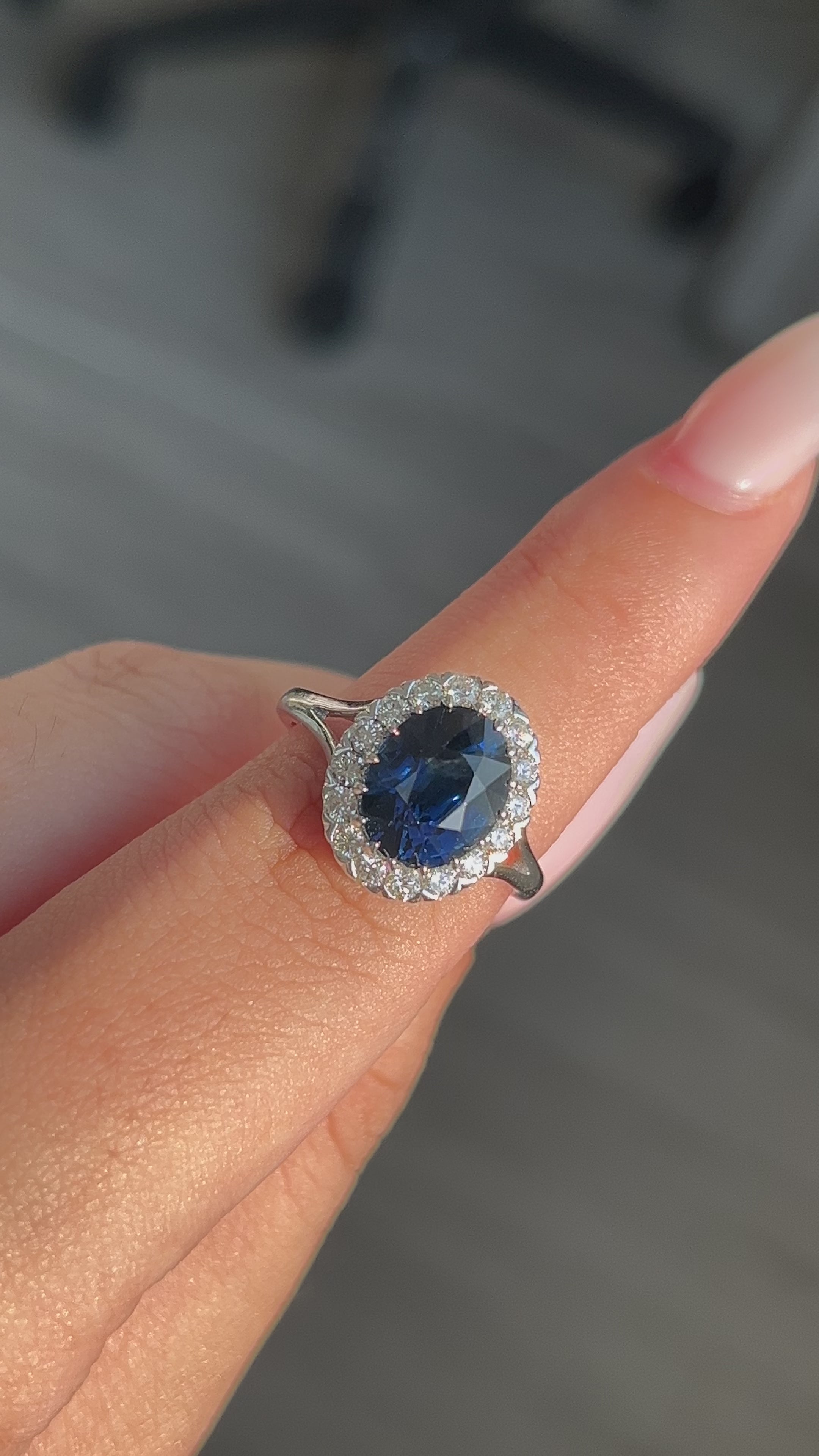 3.82 Carat Oval Blue Sapphire 14K White Gold Ring