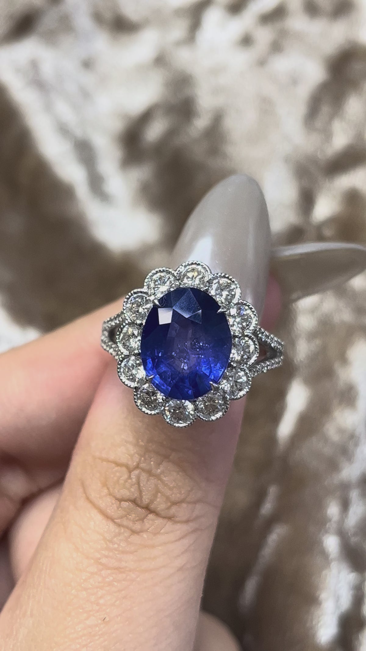 4.32 Carat Ceylon Royal Blue Sapphire Ring with Round Halo Diamonds in 18K White Gold