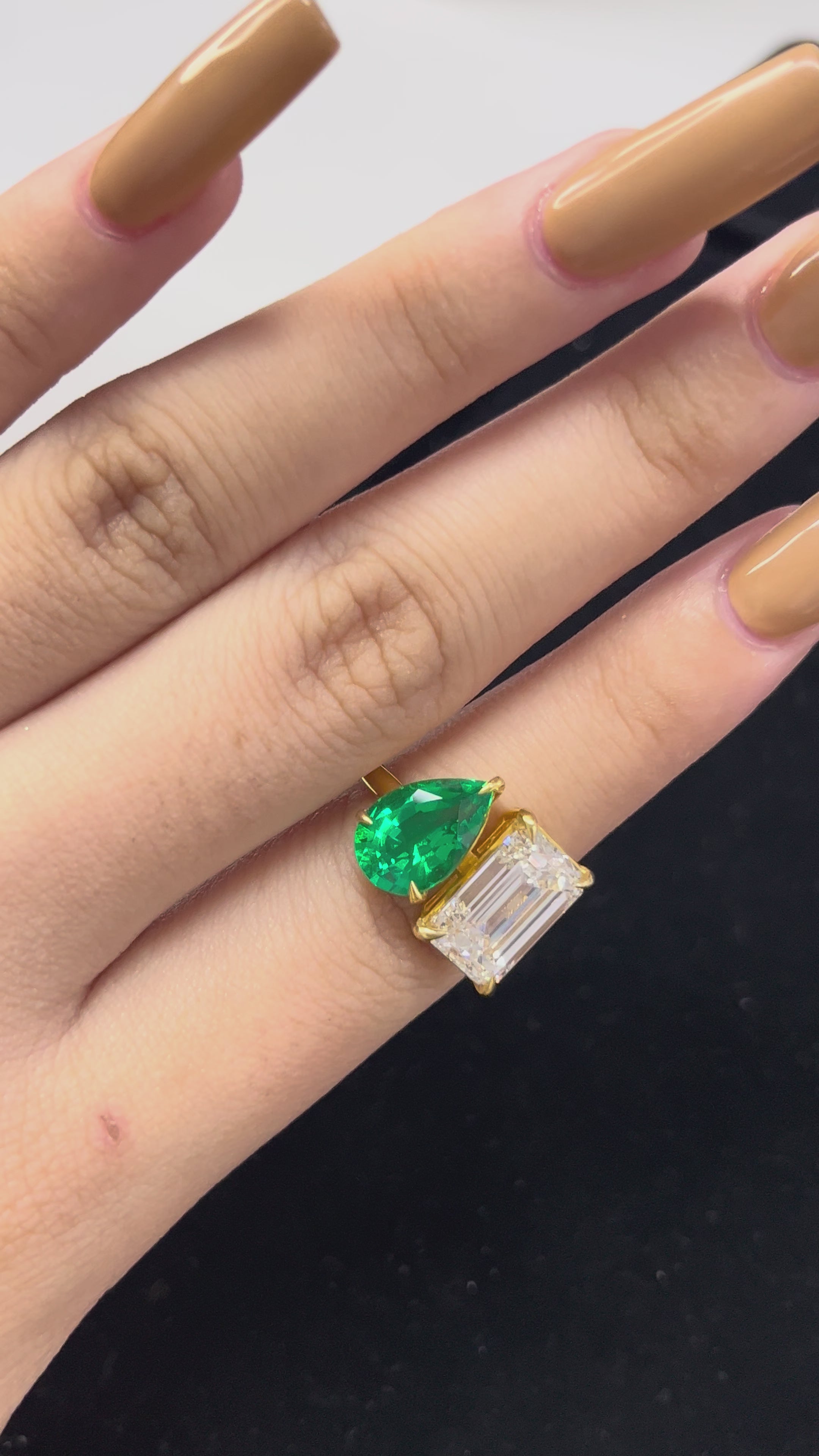 2.62 Carat Green Pear Shape + 5.07 Carat Emerald Cut Lab Diamond Ring in 18K Yellow Gold