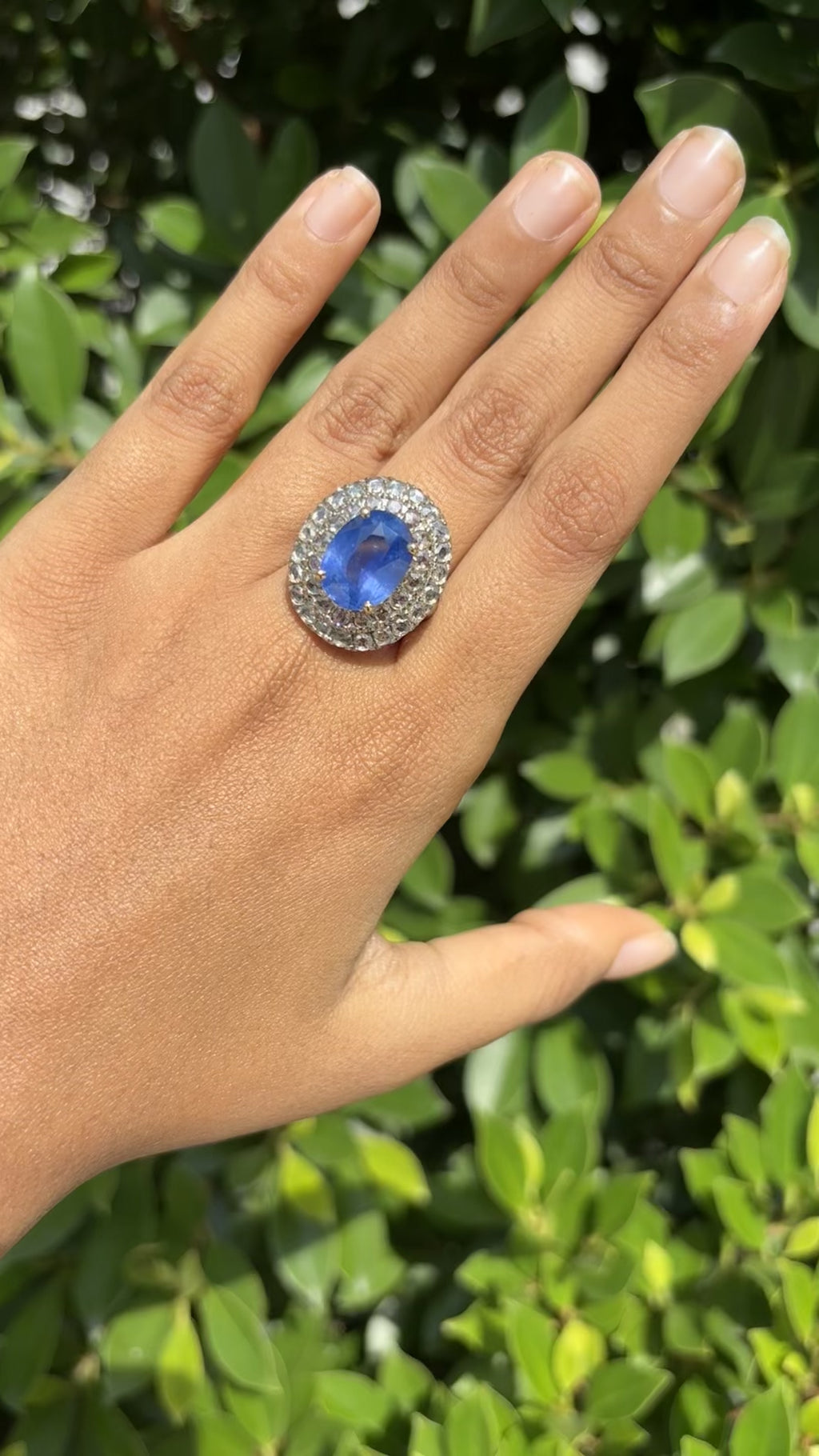6.70 Carat Royal Blue SAPPHIRE & Rose-cut Diamonds Statement Ring in 14K White Gold